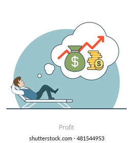 Linear Flat Investor dream about profit lying on recliner vector illustration. Money bag, coins and businessman characters. Business investments concept.