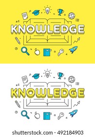 Linear Flat KNOWLEDGE word over book and icons website image vector illustration set. Education and Tutorial concept.