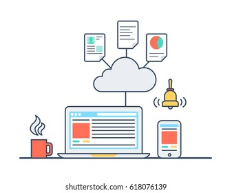 Linear Flat Laptop Connected To Data Base Cloud Infographics Template Vector Illustration. App Technology And Software Concept.