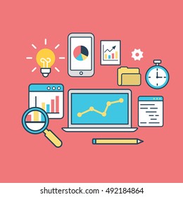 Linear Flat laptop, diagram, phone, gearwheel, lamp and timer vector illustration. Analysis and database statistic systems concept.