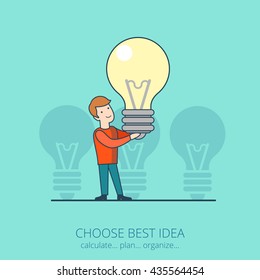 Linear flat line art choose best business idea concept. Young joyful happy man holding huge lamp startup conceptual vector illustration.