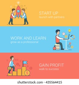 Linear flat line art start up work and learn gain profit concept. Partners launching rocket keep study walk success. Vector icon banners template set. Web illustration. Website infographics elements.