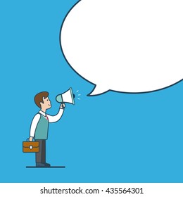 Linear flat line art style business promotion white blank background chat bubble message  template concept. Businessman megaphone promo. Conceptual businesspeople vector illustration collection.