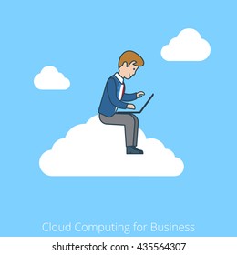 Linear flat line art style cloud computing for business concept. Businessman working laptop sitting cloud. Conceptual businesspeople vector illustration collection.