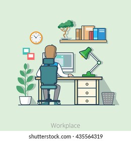 Linear Flat Line Art Style Business Workplace Office Interior Desk Concept. Businessman Rear Back View Table Computer Lamp Bookshelf Plant. Conceptual Businesspeople Vector Illustration Collection.