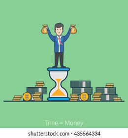 Linear flat line art style time is money business concept. Businessman on hourglass holding moneybags stacks of dollar coin notes. Conceptual businesspeople vector illustration collection.