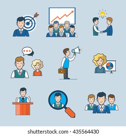 Linear flat line art style business people concept icon set. Targeting report idea partnership chat discuss announce promote speaker conference search team. Conceptual vector illustration collection.