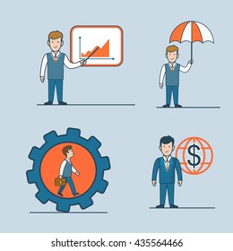 Linear flat line art style business people concept icon set. Report graphic umbrella safe place cogwheel investment worldwide. Conceptual businesspeople vector illustration collection.