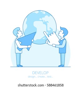 Linear flat line art style business develop idea worldwide concept. Conceptual businesspeople vector illustration collection