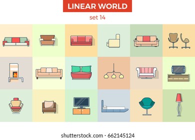 Linear flat living room furniture vector illustration set. Interior concept. Sofa, couch, lamp TV