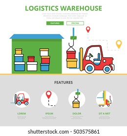 Linear flat Logistic warehouse infographics template and icons website hero image vector illustration. Delivery storage and loading service concept.