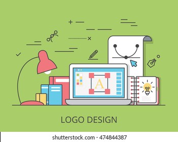 Linear Flat logo design, identity and branding website hero image vector illustration. Digital art tools and technology concept. Laptop, sketchbook, vector editor software interface.