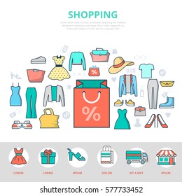 Linear flat male and female clothes and accessories infographics template and icons website hero image vector illustration. Online Shopping concept.