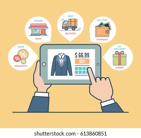Linear flat male hand touching screen, online shop icons around vector illustration. E-commerce business, sale and consumerism concept.