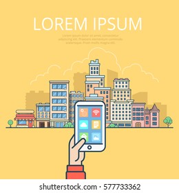 Manos Lineales machos con tableta o smartphone en ilustración de vector de paisaje urbano. Concepto de ciudad inteligente.