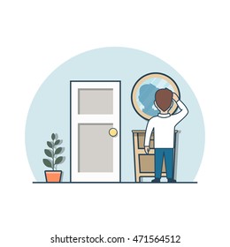 Linear Flat man preparing and checking hairstyle near mirror in hallway vector illustration. Casual life concept.