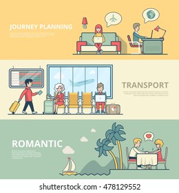 Linear Flat Man and woman Planning journey and Romantic relax on resort vector illustration. Casual family life concept. Reservation on-line, Waiting hall in airport and Table for two on beach.