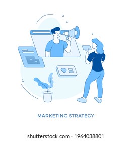 Linear flat Marketing strategy concept vector illustration. Female cartoon character watching video advertisement in social media app while male manager attracting customers social media campaign