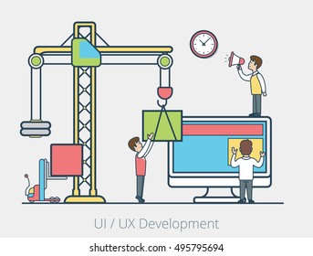 Linear Flat micro people team placing blocks on monitor screen by crane, leader managing process with loudspeaker vector illustration. User interface development concept.