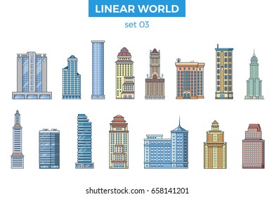 Linear flat modern building, town house vector illustration set. City architecture concept.