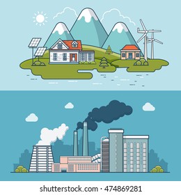 Linear Flat modern eco friendly town compared to heavy industry polluted plant vector illustration. Ecology and nature pollution concept.