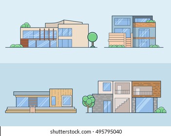 Linear Flat Modern House models, front and side view vector illustration set. Real Estate concept.