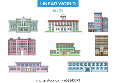 Linear flat municipal building vector illustration set. City architecture school college university education concept. 