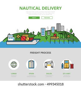 Linear flat Nautical delivery website infographics template and icons website hero image vector illustration. Water transport concept 