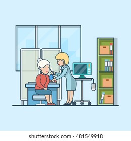 Linear Flat neurological office interior with furniture and medical equipment, doctor measuring patient's pressure vector illustration. Health care, professional help concept.