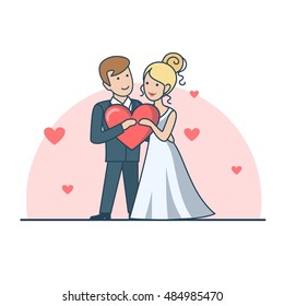 Linear Flat newlyweds Couple dressed for wedding vector illustration. Newly weds or Valentine's day greeting card design. Love and Romance concept.