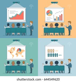 Linear Flat office Conference Speaker using projector and phone to show presentation and people listening vector illustration set. Business technologies concept.