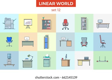 Linear flat office furniture vector illustration set. Room interior concept. Chart, shelf, table, chair, Xerox, water cooler. 