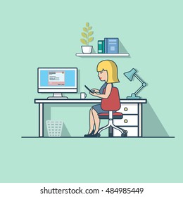 Linear Flat Office room with furniture, woman having coffee break and chatting on phone vector illustration set. Office life concept.