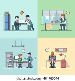 Linear Flat Office rooms with furniture and business situations vector illustration set. Working man, talking fellows, happy manager characters. Office life concept.