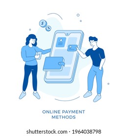 Linear flat Online payment methods concept vector illustration. Male and female cartoon characters paying for purchases using digital money transaction. Mobile shopping. Digital wallet