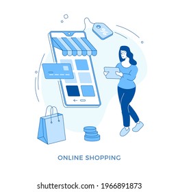 Linear flat Online shopping concept vector illustration. Female cartoon character standing in front of huge smartphone with store app on screen and searching and purchasing goods online