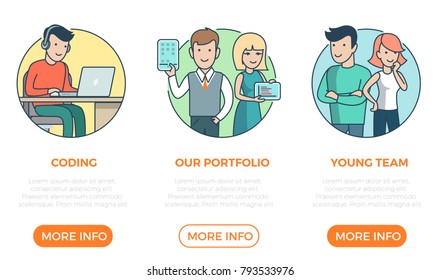 Linear flat page web design template infographics website icons thin line vector illustration. Coding, portfolio, team, programmer. Business team concept.