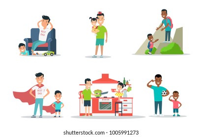 Linear Flat parent father with children son vector illustration set. Home leisure time, sport, superhero, hiking. Best dad, parenting, family value concept.