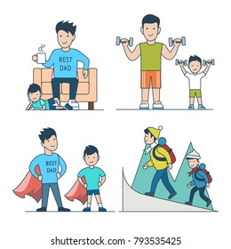 Linear Flat parent father with children son vector illustration set. Home leisure time, sport, superhero, hiking. Best dad, parenting, family value concept.