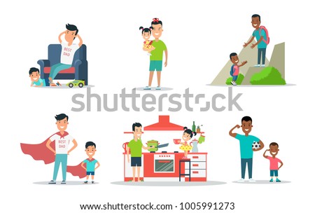 Linear Flat parent father with children son vector illustration set. Home leisure time, sport, superhero, hiking. Best dad, parenting, family value concept.
