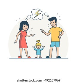 Linear Flat Parents quarrelling, baby reconciling them vector illustration. Family values and parenting concept.