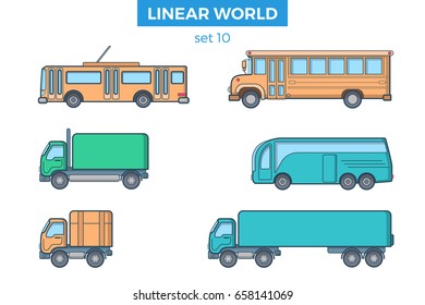 Linear Flat Passenger and cargo transport, modern and retro school bus, van and trolleybus vector illustration set. Transportation concept.