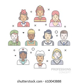 Linear Flat people faces and professions vector illustration.