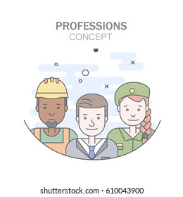 Linear Flat people faces and professions vector illustration.