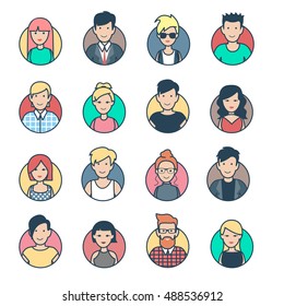 Linear Flat people faces vector icon set. Social media avatar, userpic and profiles.