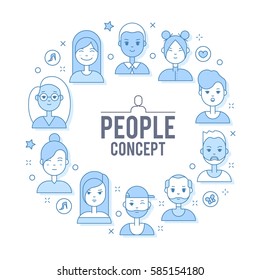 Linear Flat people faces vector illustration.