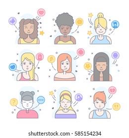 Linear Flat people faces vector icon set, illustrations set.