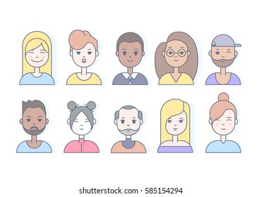 Linear Flat people faces vector illustration.