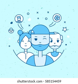 Linear Flat people faces vector illustration.