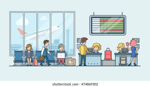 Linear pessoas planas na sala de espera do aeroporto e registro de vôo faixa de bagagem ilustração vetorial. Conceito de transporte público.